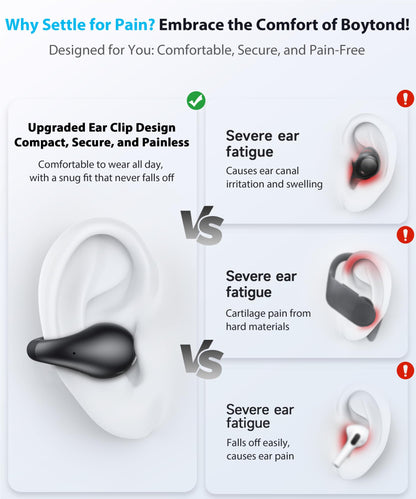 Boytond Ultra Open Ear Earbuds - Bone Conduction Earbuds with Wireless Bluetooth, Clip on Headphones, Over-The-Ear Headphones Comfortable for Fitness, Running, Gym Workouts, Designed for Small Ears