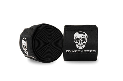 Gymreapers Knee Wraps (Pair) With Strap for Squats, Weightlifting, Powerlifting, Leg Press, and Cross Training - Flexible 72" Knee Wraps for Squatting - For Men & Women - 1 Year Warranty (Black)